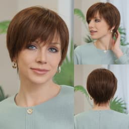 100% Remy Human Hair Ombre Blonde Lace Front Wigs with Bangs Pixie Cut Hairs Short Straight Layered Wigs for Women Bob Human Wig