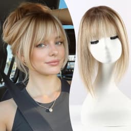 Ombre Brown Blonde Human Hair Toppers with Bangs 5x5.5inch Silk Base 100% Remy Natural Topper Hair for Women with Thinning Hair
