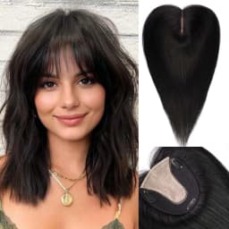 Ombre Brown Blonde Human Hair Toppers with Bangs 5x5.5inch Silk Base 100% Remy Natural Topper Hair for Women with Thinning Hair