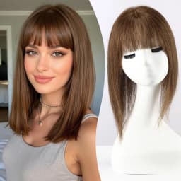 Ombre Brown Blonde Human Hair Toppers with Bangs 5x5.5inch Silk Base 100% Remy Natural Topper Hair for Women with Thinning Hair