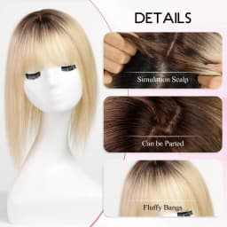 Ombre Brown Blonde Human Hair Toppers with Bangs 5x5.5inch Silk Base 100% Remy Natural Topper Hair for Women with Thinning Hair