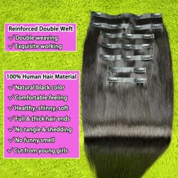 Straight Clip Ins Extensions 100% Human Hair 200 Grams/7Pcs/Bundle #1B Natural Black Color 18-24 Inch Full PU Weft Clips Hair