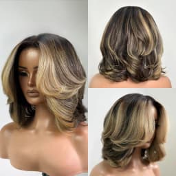 100% Virgin Human Hair Ombre Ash Blonde Highlight Layered Cut Bob Body Wave 5x5 Glueless Lace Closure Wig with Pre-Plucked Hairline 16Inches