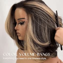 100% Virgin Human Hair Ombre Ash Blonde Highlight Layered Cut Bob Body Wave 5x5 Glueless Lace Closure Wig with Pre-Plucked Hairline 16Inches