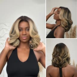 100% Virgin Human Hair Ombre Ash Blonde Highlight Layered Cut Bob Body Wave 5x5 Glueless Lace Closure Wig with Pre-Plucked Hairline 16Inches