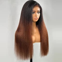 26” Long 180Density Soft Preplucked Ombre Brown Kinky Straight Yaki Lace Front Wig For Women Baby Hair Natural Hairline Glueless