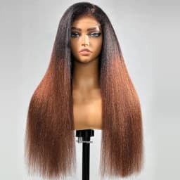 26” Long 180Density Soft Preplucked Ombre Brown Kinky Straight Yaki Lace Front Wig For Women Baby Hair Natural Hairline Glueless