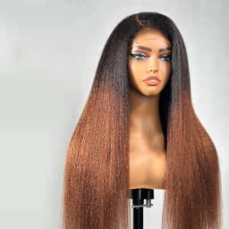 26” Long 180Density Soft Preplucked Ombre Brown Kinky Straight Yaki Lace Front Wig For Women Baby Hair Natural Hairline Glueless