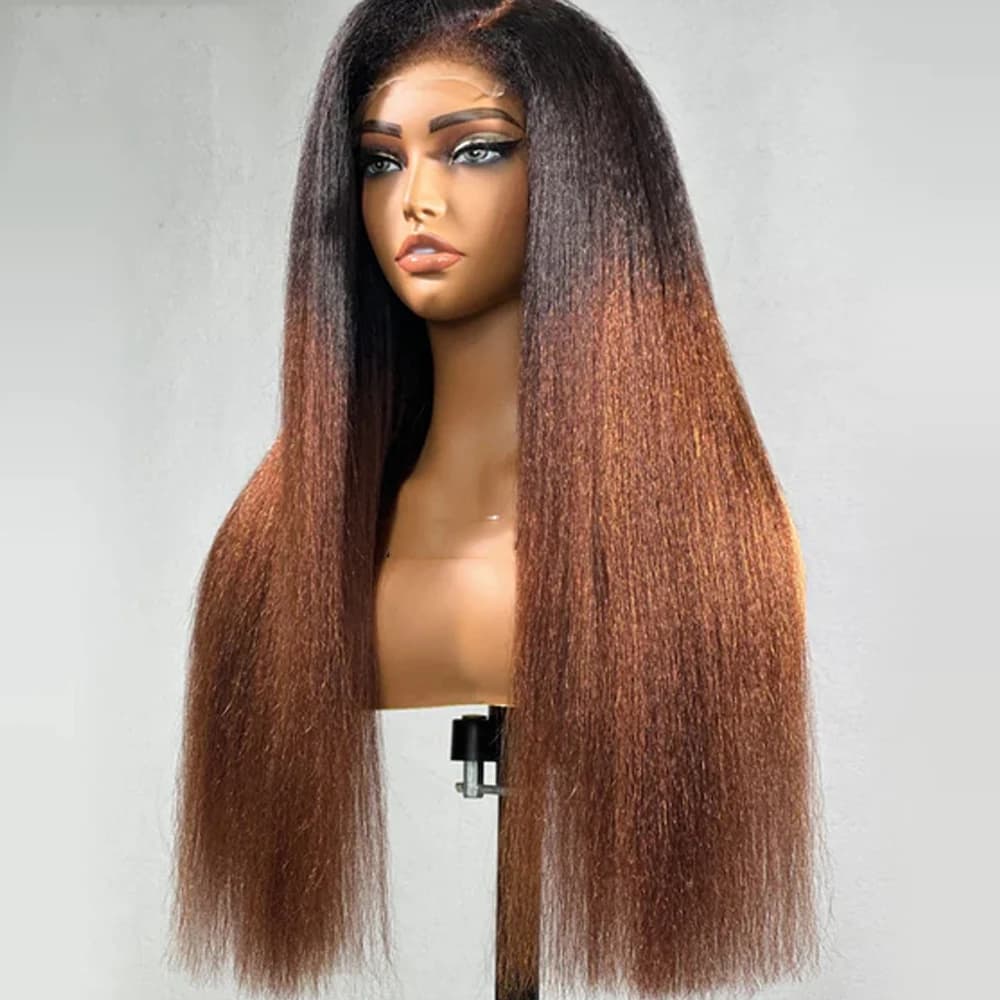 26” Long 180Density Soft Preplucked Ombre Brown Kinky Straight Yaki Lace Front Wig For Women Baby Hair Natural Hairline Glueless