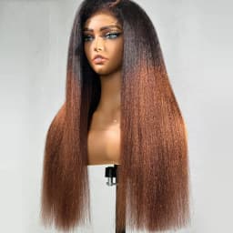 26” Long 180Density Soft Preplucked Ombre Brown Kinky Straight Yaki Lace Front Wig For Women Baby Hair Natural Hairline Glueless