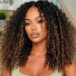 UNice Bye-Bye Slip™ 7x5 Lace Ombre Brown Burmese Curly Wig With Finger Coil Ends Pull & Go Drawstring Glueless Wig Ready To Wear