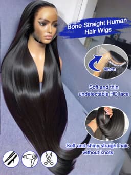 Silky Straight Glueless Wigs Preplucked 13x6 Lace Front Wigs Human Hair Pre Plucked 40 42 Inch Bone Straight Human Hair Wig 300% Density 13x4 HD Lace Frontal Wigs for Women Natural Black Raw Virgin Vietnamese Free Part Invisible Swiss Hd Lace Full Wigs