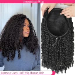 3 in 1 Half Wig Deep Wave Burmese Curly Drawstring Flip over Glueless Raw Human Hair Ready to Wear