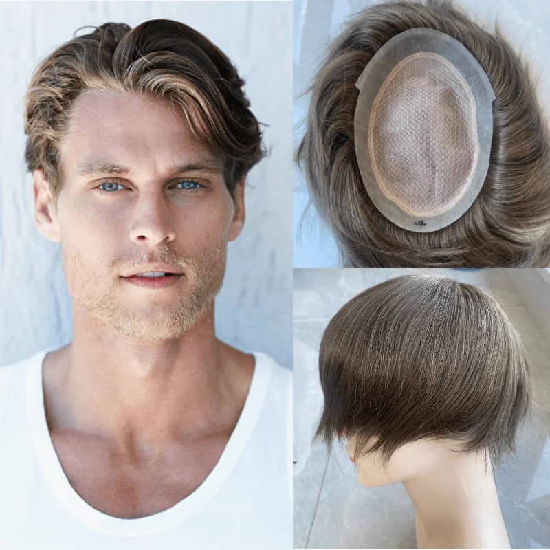 Clearance Australia-Double Layers Men Wig Natural Human Hair Toupee Male Hair Prosthesis Lace PU Base Breathable System Man Wig