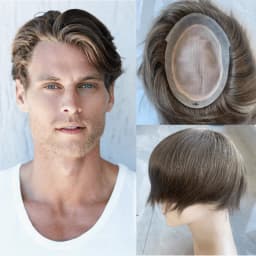 Clearance Australia-Double Layers Men Wig Natural Human Hair Toupee Male Hair Prosthesis Lace PU Base Breathable System Man Wig