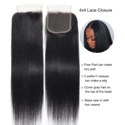 UNICE Hair Yaki Straight Human Hair Bundles With Closure Deal 2/3/4 PCS Bundles Hair And 1PC Free Part 4x4 Inch Lace Closure