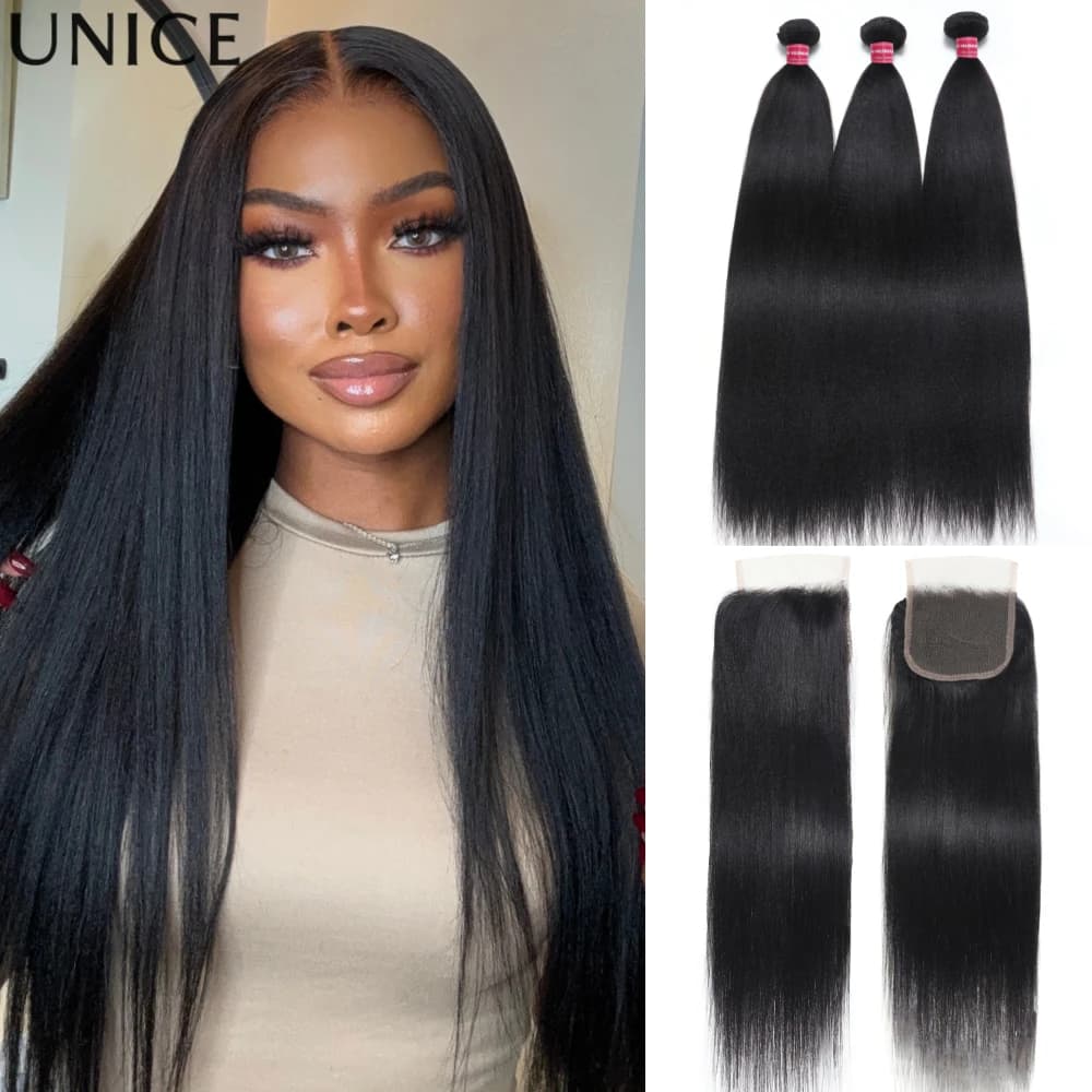 UNICE Hair Yaki Straight Human Hair Bundles With Closure Deal 2/3/4 PCS Bundles Hair And 1PC Free Part 4x4 Inch Lace Closure