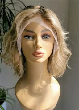 13x4 Lace Front Wig Short Wavy Bob Wig for Women Blonde Highlights Glueless HD Lace Wig Pre Plucked Middle Part Syntheic Hair