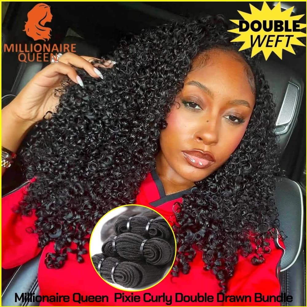 Double Drawn Millionaire Queen Back To School 3B3C Pixie Curly Bundles Double Weft Sew In Quick Weave 100% Human Hair Extension