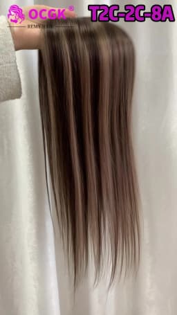 17" Human Hair Topper Straight 10x12cm Base Mushroom Brown Highlight Clip in Hairpieces for Women with Thinning Hair Add Volume