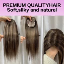 17" Human Hair Topper Straight 10x12cm Base Mushroom Brown Highlight Clip in Hairpieces for Women with Thinning Hair Add Volume