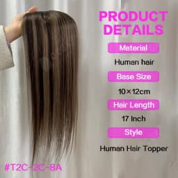 17" Human Hair Topper Straight 10x12cm Base Mushroom Brown Highlight Clip in Hairpieces for Women with Thinning Hair Add Volume