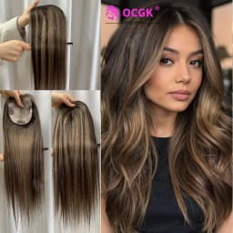 17" Human Hair Topper Straight 10x12cm Base Mushroom Brown Highlight Clip in Hairpieces for Women with Thinning Hair Add Volume