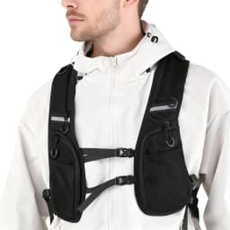 Black jacket vest with multiple pockets, quick release buckle for adjustable waist, outdoor sports reflective tape