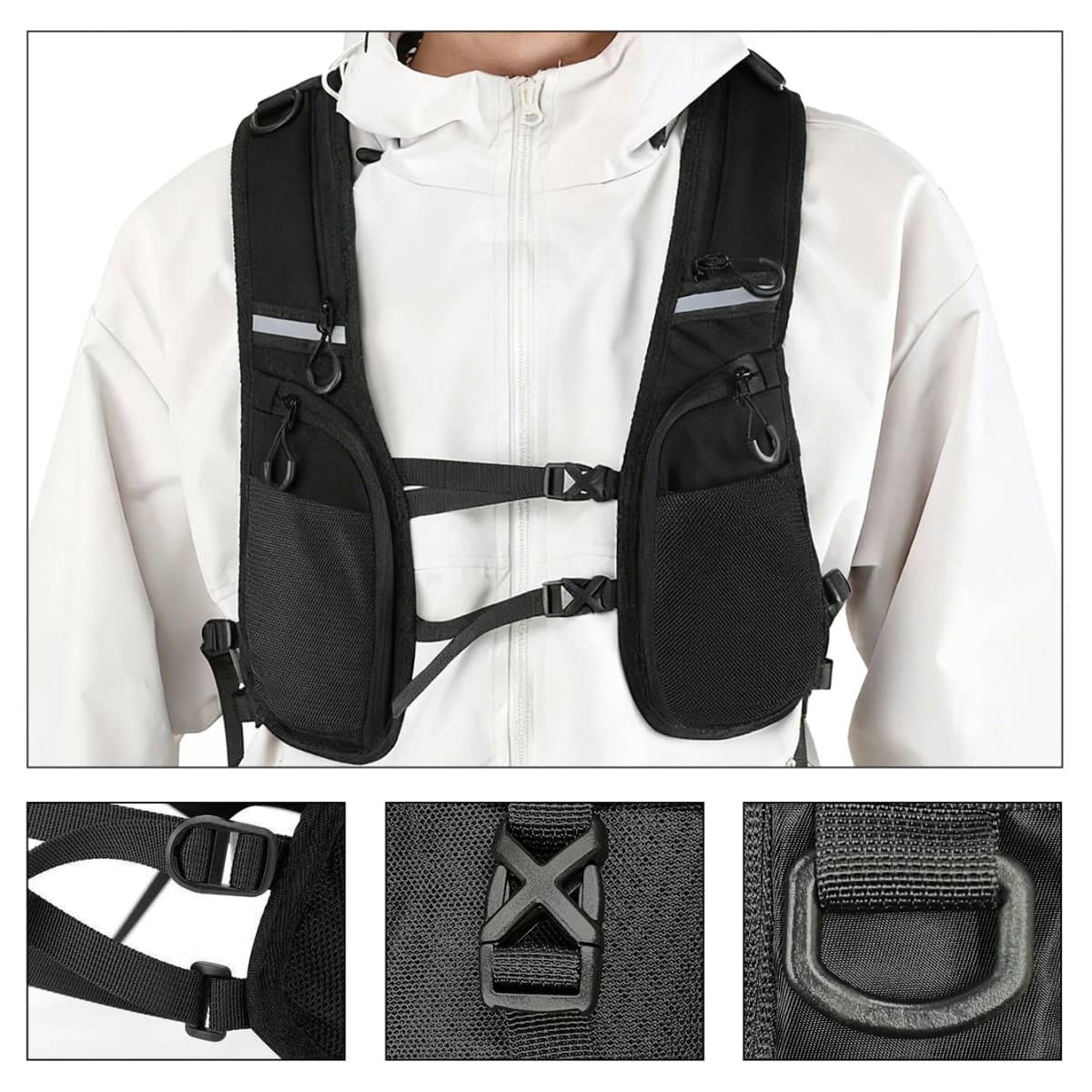 Black jacket vest with multiple pockets, quick release buckle for adjustable waist, outdoor sports reflective tape