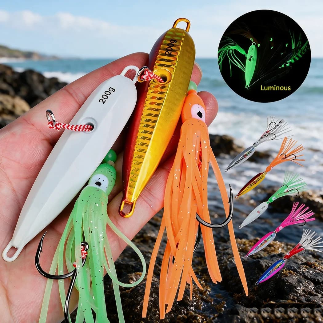 1PC Slow Pitch Jigging Lure Dual Hook Glow-in-the-Dark Slow Jig Fishing Bait 60g-180g 200g For Offshore Saltwater Boat Fishing