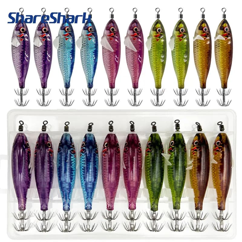 ShareShark 10pcs/box 5.6g Glow-in-the-dark Horizontal Shrimp Squid Hook Bait Set Suitable for Seafishing Cuttlefish Octopus