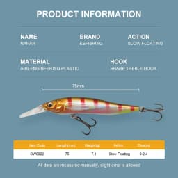 ESFISHING Wobble Hard Lure NAHAN 75mm 7.1g 0-2.4 Dive Fishing Baits Flow Floating Minnow Isca Artificial
