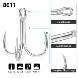 PROBEROS 50PCS Saltwater Fishing Hook 14#-3/0# Anti-rusty Treble HooksTin Color Fishhooks 3X High-Carbon Steel High Strength