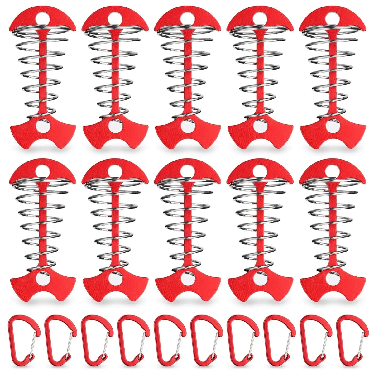 10pcs Deck Anchor Pegs Windproof Aluminum Deck Tie Down Spring Fishbone Tent Anchors Tent Rope Tensioner Guyline Cord Adjuster