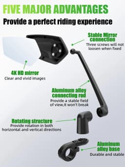 RBRL Wide Angle Bike Mirror Handlebar Ultra Clear Left Right Rearview Mirror with Extended Mirror Arm for Electric Scooter
