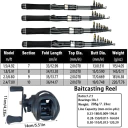 1.5-2.4m Fishing Rod Reel Combo Portable Telescopic Travel Pole 18+1BB Left/Right Hand Baitcasting Reel for Bass Carp Fishing