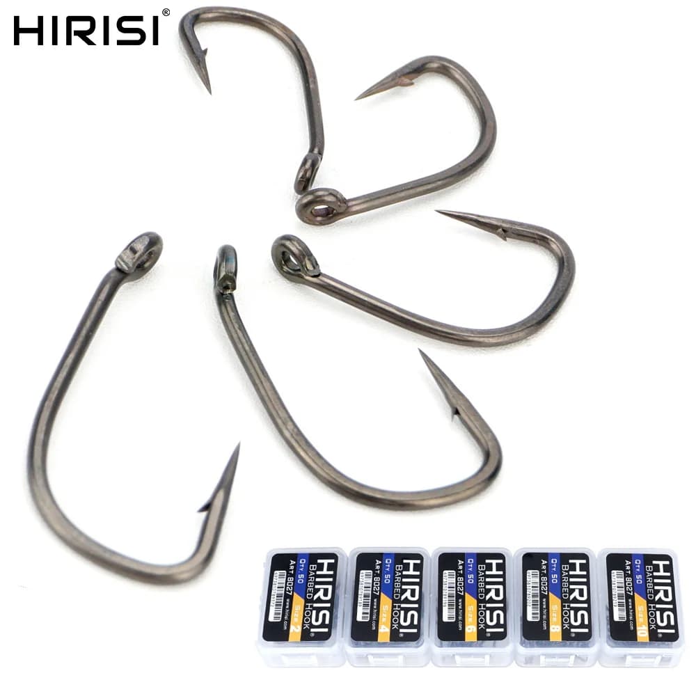 Hirisi 50pcs PTFE Coated High Carbon Stainless Steel Barbed Fish Hook With Eye 8027 Fishing Accessories Spliceable Plastic Box