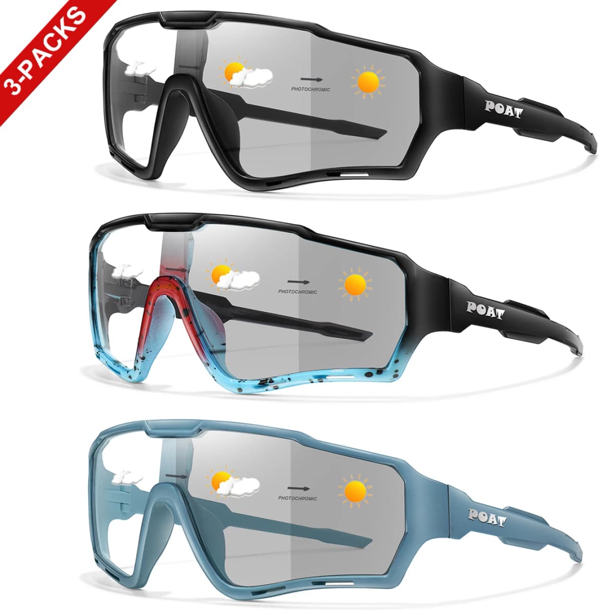 3 Packs Photochromic Cycling Sunglasses for Men and Women Outdoor Sports Full Frame Glasses for Running Cycling Hiking Unisex