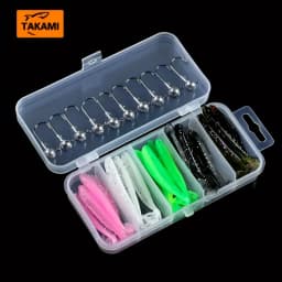 35pcs Soft Fishing Lures Kit with 10pcs Jig Head Hooks 25pcs Two-Color T Tail Colorful Silicone Soft Plastic Fishing Tackle