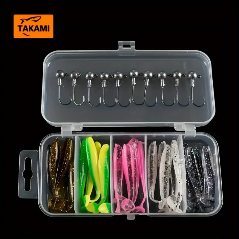 35pcs Soft Fishing Lures Kit with 10pcs Jig Head Hooks 25pcs Two-Color T Tail Colorful Silicone Soft Plastic Fishing Tackle