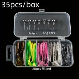 35pcs Soft Fishing Lures Kit with 10pcs Jig Head Hooks 25pcs Two-Color T Tail Colorful Silicone Soft Plastic Fishing Tackle