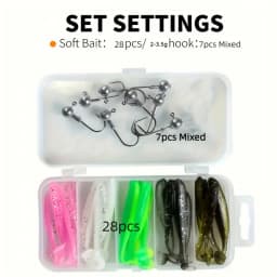 35pcs Soft Fishing Lures Kit with 10pcs Jig Head Hooks 25pcs Two-Color T Tail Colorful Silicone Soft Plastic Fishing Tackle