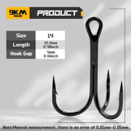 9KM 15pcs Fishing Treble Hooks High Carbon Steel Round Bend Triple Hook Fishing Lure Replacement for Saltwater Freshwater