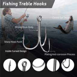 9KM 15pcs Fishing Treble Hooks High Carbon Steel Round Bend Triple Hook Fishing Lure Replacement for Saltwater Freshwater