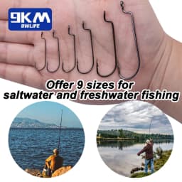 9KM 50Pcs Fishing Worm Hooks Offset EWG Hooks High Carbon Steel for Bass Barbed Shank Saltwater