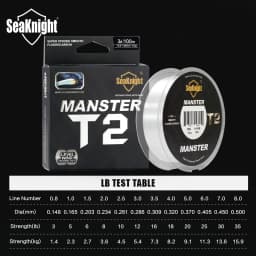 SeaKnight Brand MANSTER T2 Series 100% Fluorocarbon Fishing Line 100M, Carbon Fiber Line 3-35LB Upgrade Sinking Line Sea Fishing