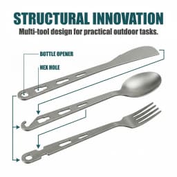 3-in-1 Titanium Ultra-Light Cutlery Set Multifunctional Portable Food Topper Cutlery with Beer Open Design Titanium Spoon