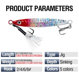 5pcs Metal Slow Jig 10-60g Sinking Casting Jigging Bait with Two Assist Hook for Tuna Bass in Saltwater Freshwater Fishing Gear