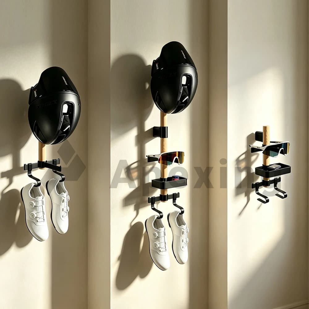 A1 Wall Mount Cycling Storage Rack Helmet Holder Sunglasses Shoes Wooden Bracket Cartridge Bike Garage Bicycle Gear Organizer