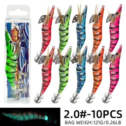 ShareShark 10pcs/lot Fishing Wood Shrimp Luminous Squid Octopus Lure 3D Eyes Lure Hard Bait Fishing Tools